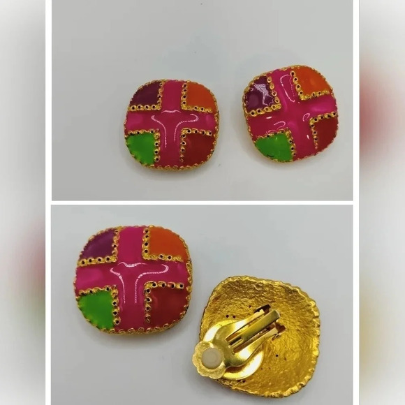 Gold Tone Fashion Multicolored Enamel Patchwork Abstract Art Pattern Earrings 1" - Picture 1 of 7